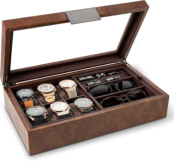 Glenor Co Valet Jewelry Box for Men - Holds 6 Watches, 12 cufflinks, 2 Sunglasses & Tray Storage ... | Amazon (US)