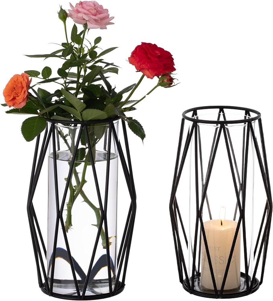 Black Geometric Pillar Candle Holder - 2pcs Glass Cylinder Hurricane Candleholders with Metal Can... | Amazon (US)