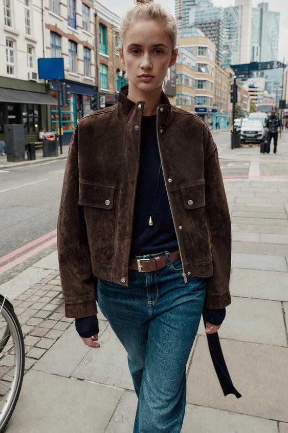 SUEDE LEATHER BOMBER JACKET WITH POCKETS | Zara US