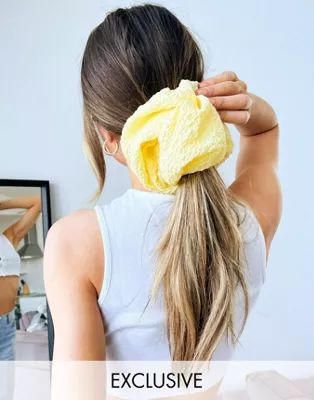 Reclaimed Vintage Inspired oversized seersucker scrunchie in yellow | ASOS (Global)