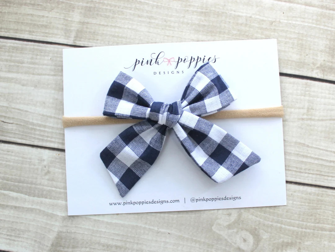 Navy Gingham Hair Bow, Patriotic Headband, Plaid 4th of July Bow, Navy Gingham Headband, USA Hair... | Etsy (US)
