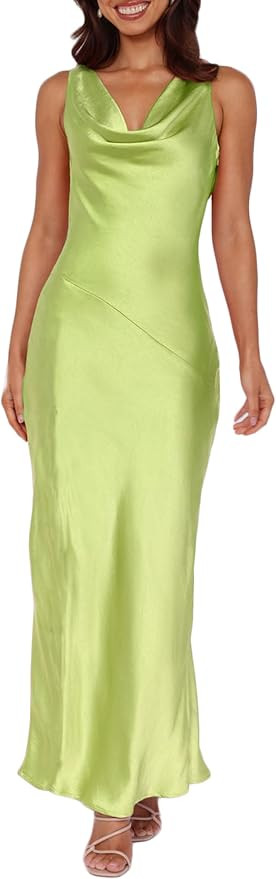 Women's 2026 Summer Satin Backless Elegant Dress for Wedding Guest Silk Sleeveless Cowl Neck Part... | Amazon (US)