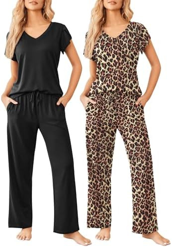 Ekouaer 2 Pack Womens Pajamas Short Sleeve Sleepwear Top with Pants Super-Soft Printed Lounge Set... | Amazon (US)