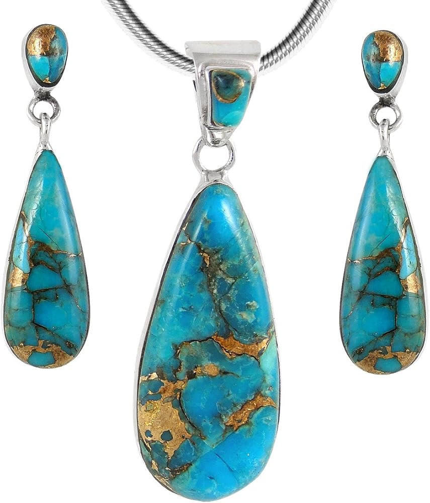 Turquoise Network Sterling Silver Genuine Gemstones Necklace & Earrings Matching Set (Choose Styl... | Amazon (US)