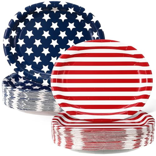 Gandeer 100 Pack Patriotic Paper Plates 12 x 10 Inch Oval Memorial Day Party Plates 4th of July Red White Blue Star American Flag Dinner Plate Disposable for 250th Aniversary Party Decoration Supplies | Amazon (US)