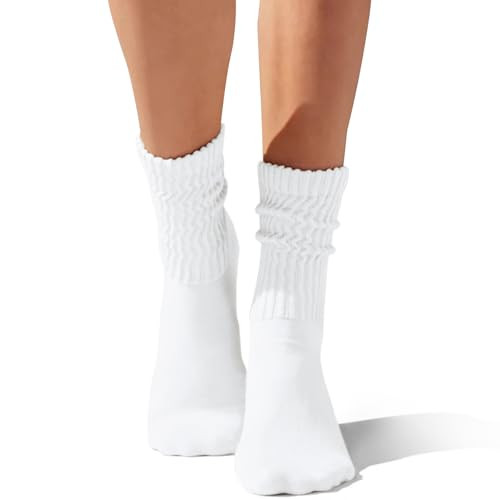 Fszsaa Crew Socks For Women Multipairs Cotton Cushioned Athletic Socks Retro Slouch Socks Mid Calf Rib Tube Socks | Amazon (US)