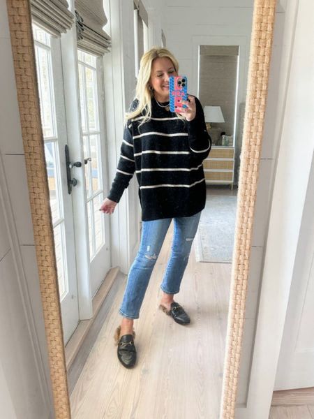 Loving this striped sweater from aerie. Wearing a size XS. Fits oversized. Jeans are a size 26, almost sold out!

#LTKHoliday #LTKSeasonal #LTKstyletip