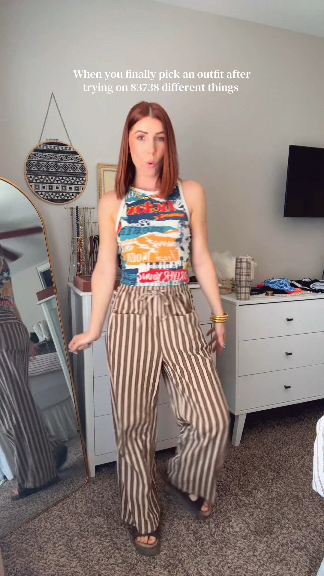 Tank size medium but should have gone with my regular size small as it kind of sticks out on the side armpit holes.

Striped pants with front pockets sized down to a small as they run big!

Platform cork sandals true to size.

Gold necklace is part of a set on Amazon. 

#LTKPetite #LTKmomlife #LTKootd
