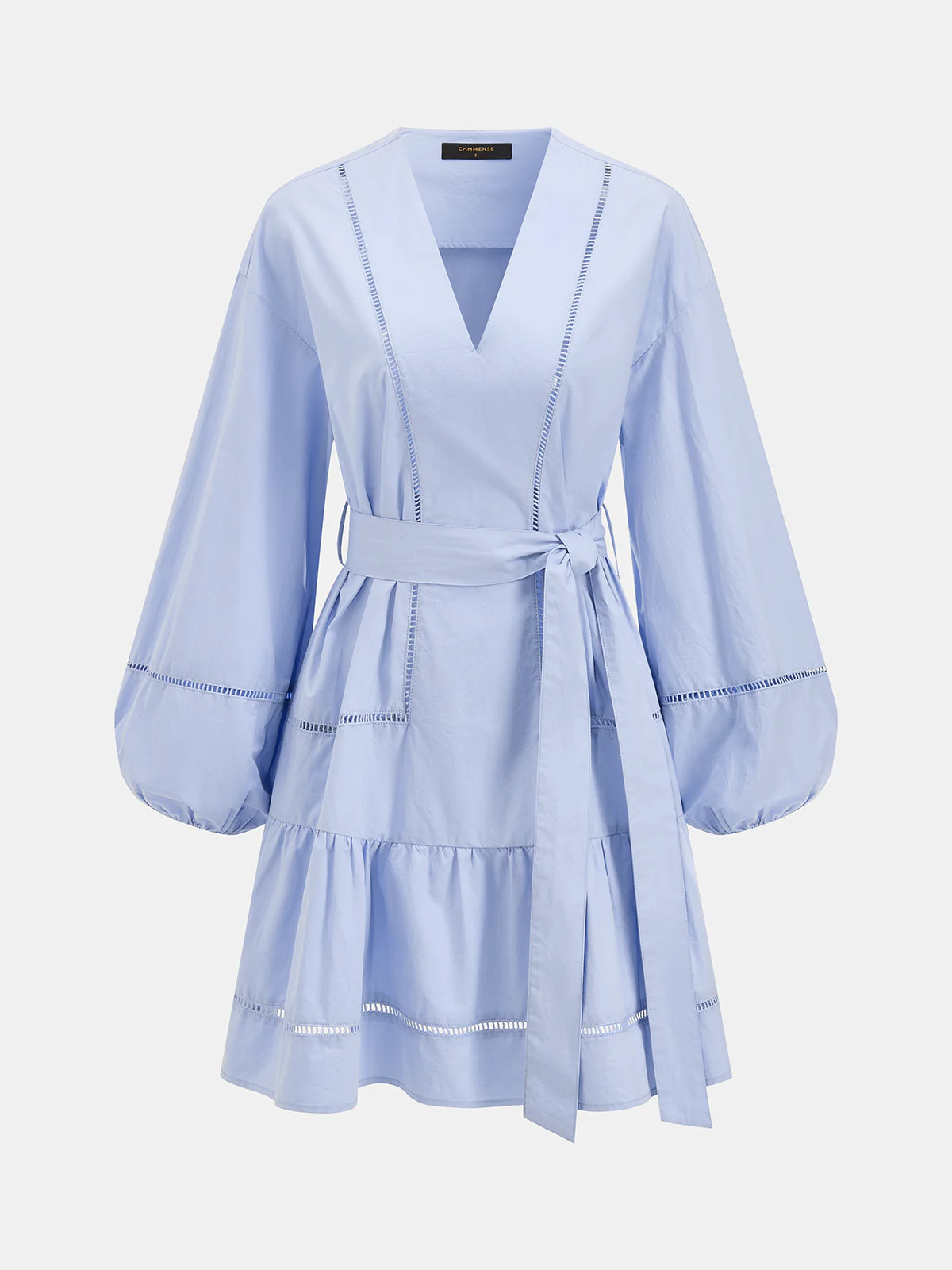 Cotton V-Neck Lantern Sleeve Belted Mini Dress | Commense