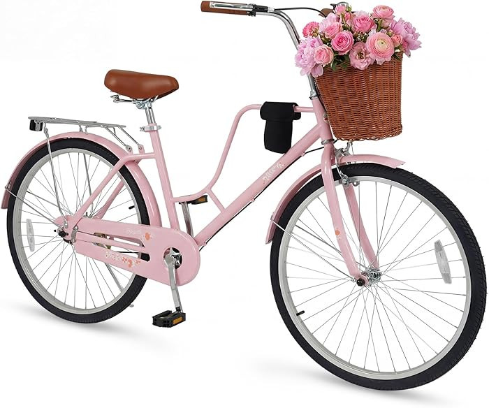 GYMAX 24 26 inch Beach Cruiser Bike, Retro Commuter Bike w/Rattan Basket, Rear Rack, Cup Holder, ... | Amazon (US)