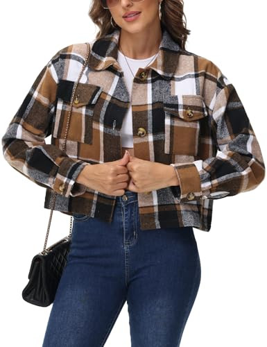 URBEST Women's Cropped Oversized Plaid Shacket | Cozy Long Sleeve Button Down Jacket with Pockets for Casual Style Khaki M | Amazon (US)