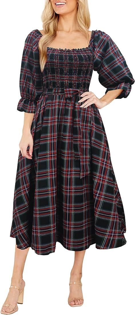 MITILLY Women's Casual Plaid 3/4 Sleeve Square Neck Smocked Ruffle A Line Swing Midi Dress with Pock | Amazon (US)