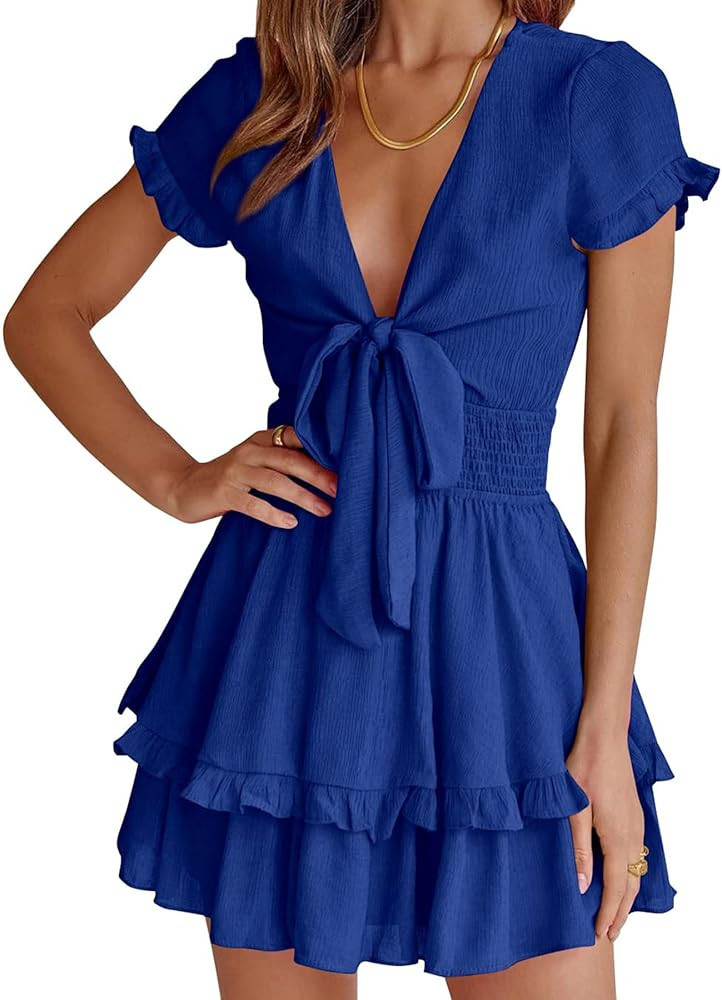 PRETTYGARDEN Women's 2024 Summer Swing Mini Dress Tie Front V Neck Short Sleeve Ruffle Layer A-Li... | Amazon (US)