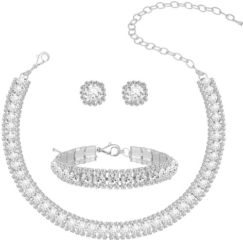 Women Rhinestone Crystal Jewelry Set Crystal Tennis Design Rhinestone Choker Necklace Link Bracelet Teardrop Earrings Set Wedding Bridal Bridesmaids Party (Silver Plated White Crystal（2）) | Amazon (US)
