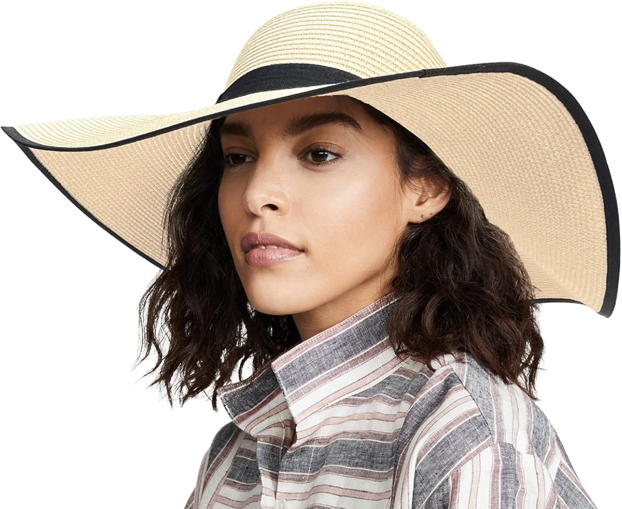 accsa Womens Wide Brim Floppy Sun Hats 6 Inch Oversized Brim Straw Hats Summer Beach Black Band F... | Amazon (US)