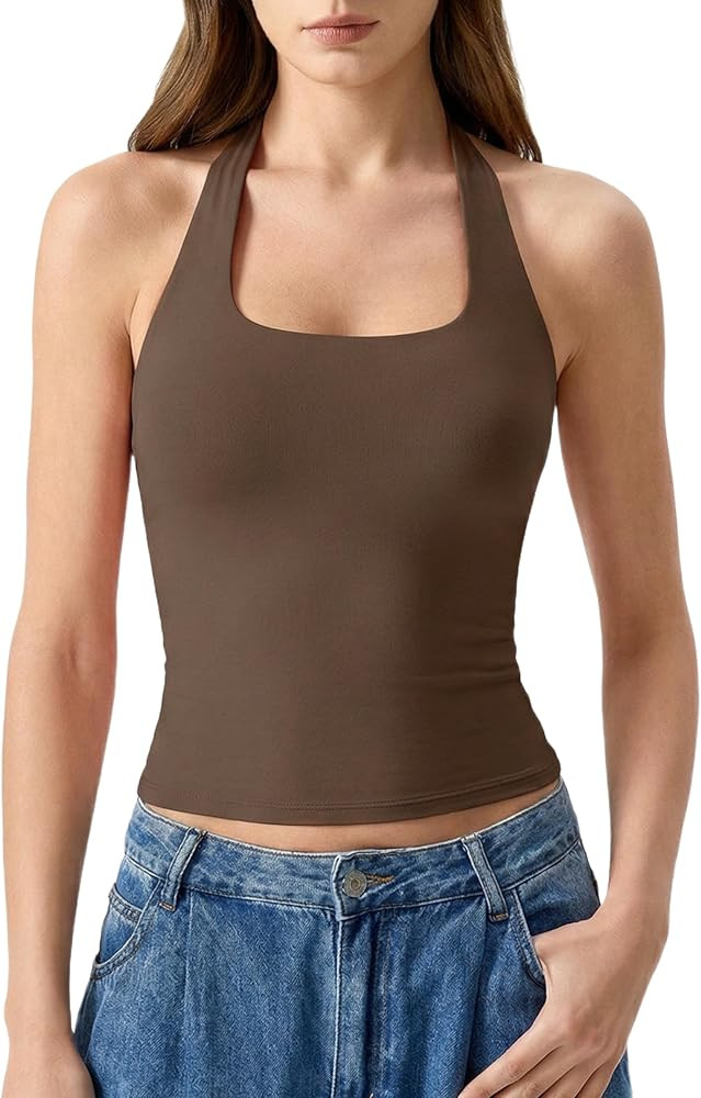 QINSEN Womens Halter Top Double Lined Tank Top Sleeveless Open Back Slim fit Going Out Tops | Amazon (US)