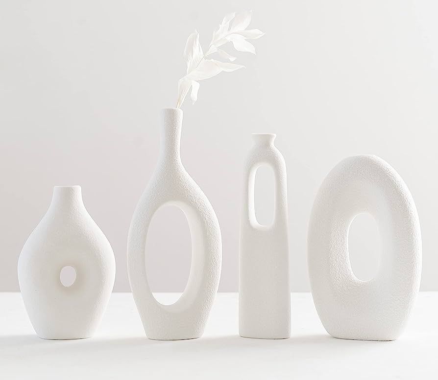White Ceramic Vase Set-4 Nordic Oval Donut Vases for Decor, Boho Circle Hollow Round Vase for Pam... | Amazon (US)