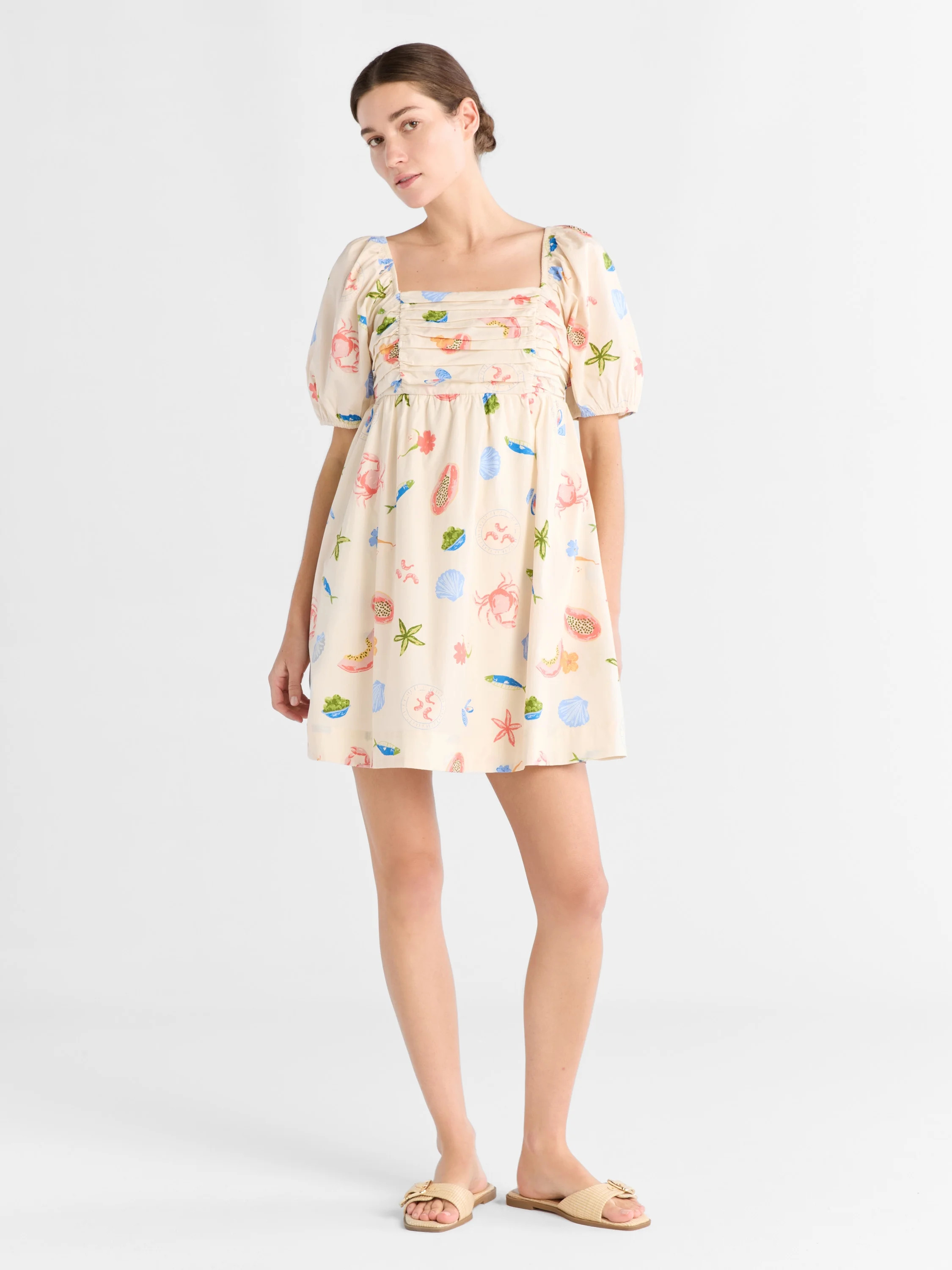 Free Assembly Women's Shirred Cotton Mini Dress with Puff Sleeves, Sizes XS-XXXL | Walmart (US)