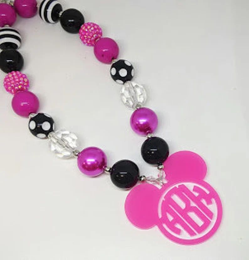 Large 2" Magenta Acrylic Mickey Mouse Disney Monogram Necklace on Pink Clear and Black Bubblegum ... | Etsy (US)