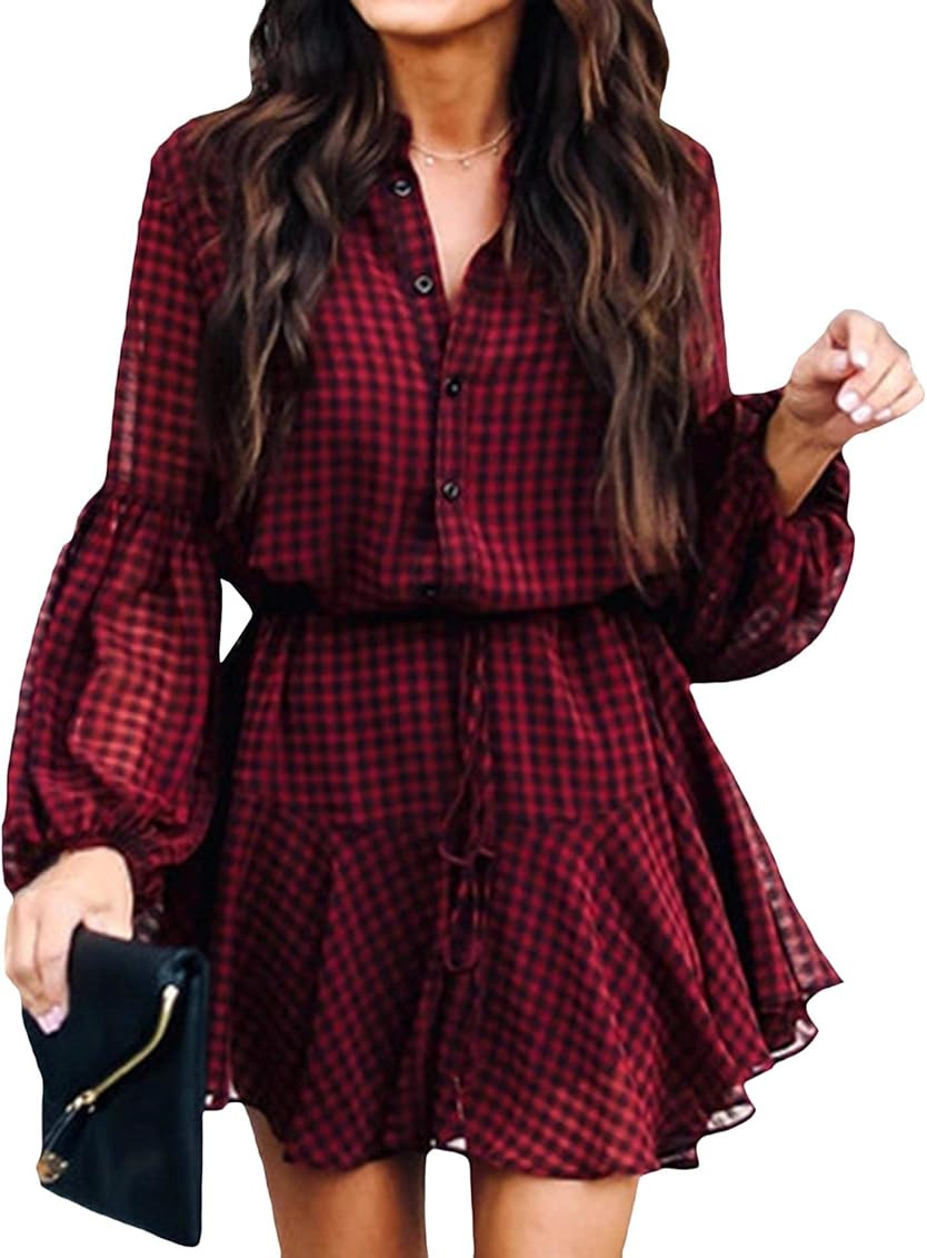 xxxiticat Women's Floral Print Mini Dress Long Sleeve V Neck Button Down Zebra Belted Tie Waist Chif | Amazon (US)