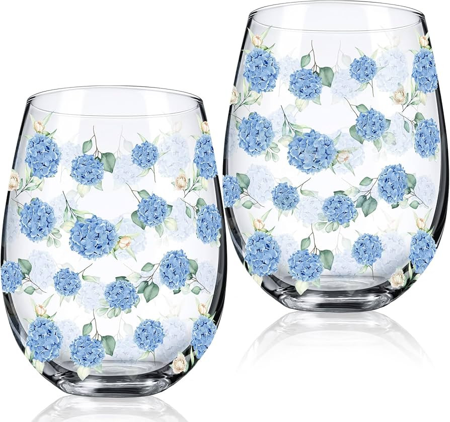 Sliner 2 Pack 17oz Hydrangea Stemless Wine Glasses Spring Summer Floral Drinking Glasses Hydrange... | Amazon (US)