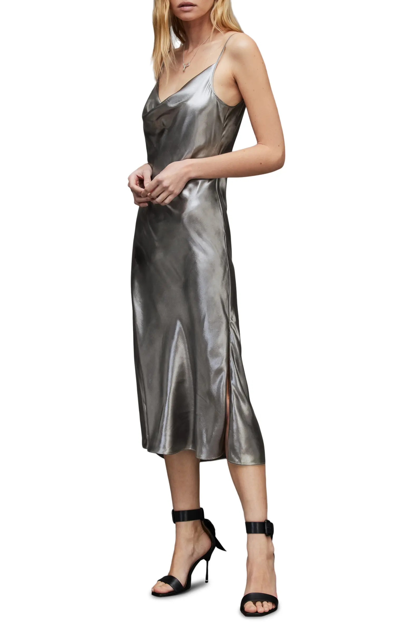 AllSaints Hadley Cowl Neck Metallic Satin Slipdress | Nordstrom | Nordstrom
