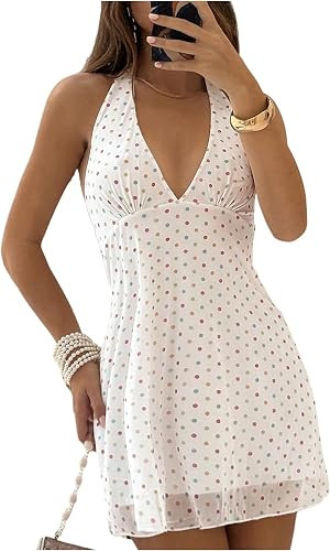 Women's Polka Dot Halter Mini Dress Deep V Neck Open Back Sleeveless Y2K Summer Short Dresses | Amazon (US)