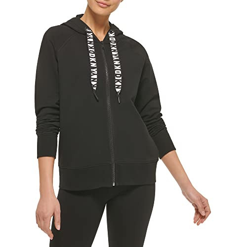 DKNY Women's Logo Drawstring Zip Up Hoodie, Activewear Sweatshirt, Coal, Small | Amazon (US)