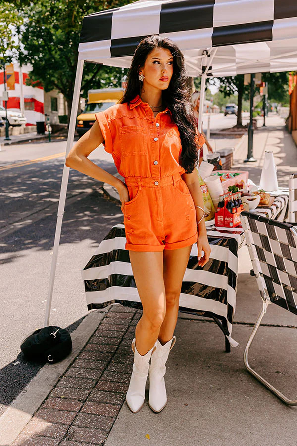 Sweet Duet Distressed Denim Romper in Orange | Impressions Online Boutique