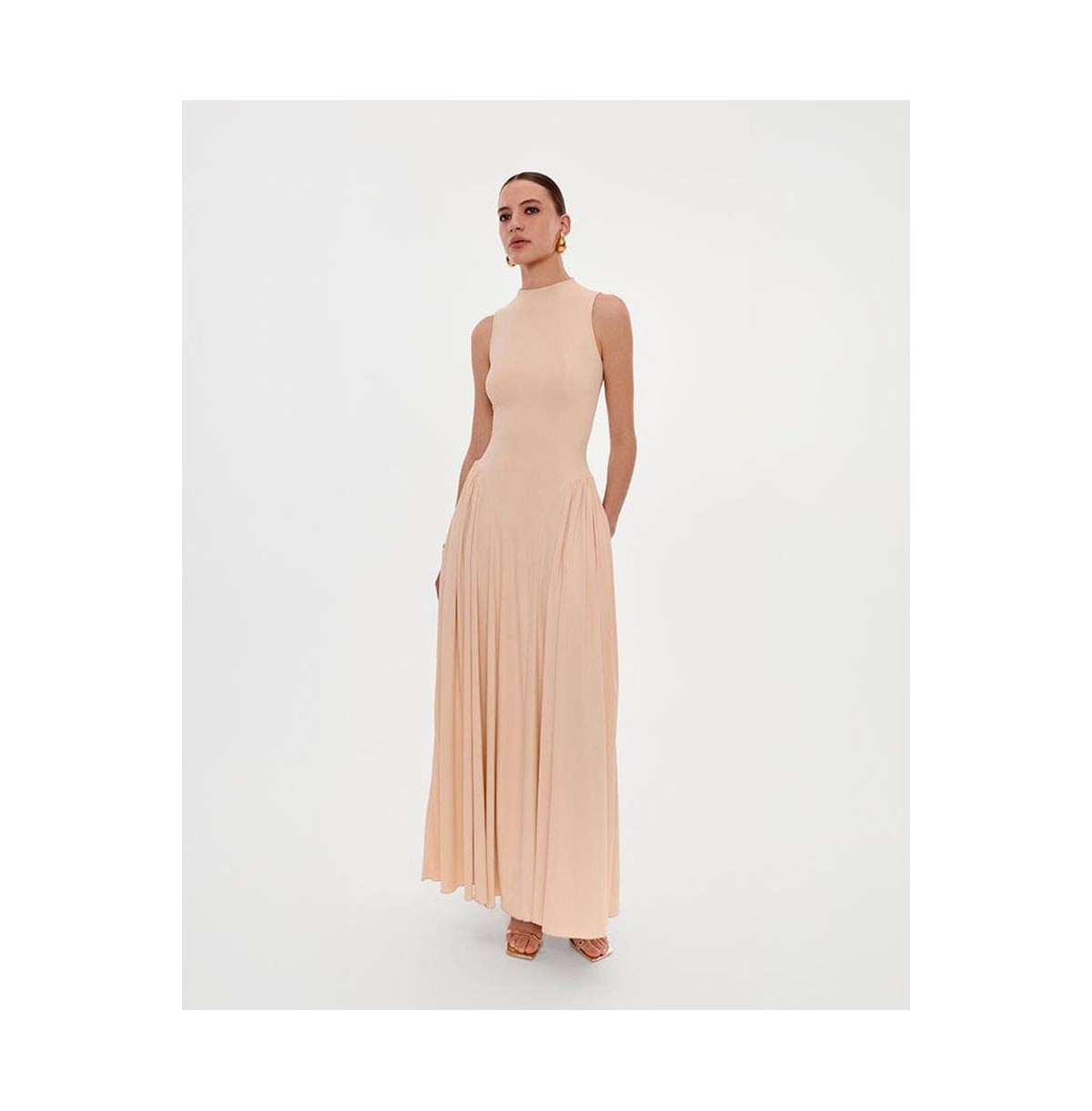 Milla Womens Nude Sleeveless Mock Neck Dress with a Pleated Maxi Skirt - Nude | Macy's