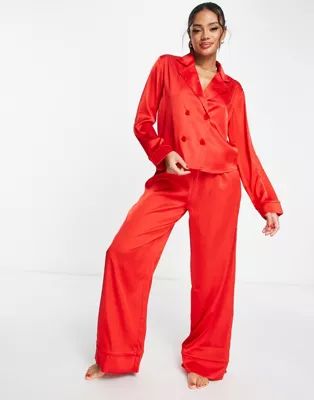 ASOS DESIGN satin double breasted shirt & pants pajama set with velvet trim in red | ASOS (Global)