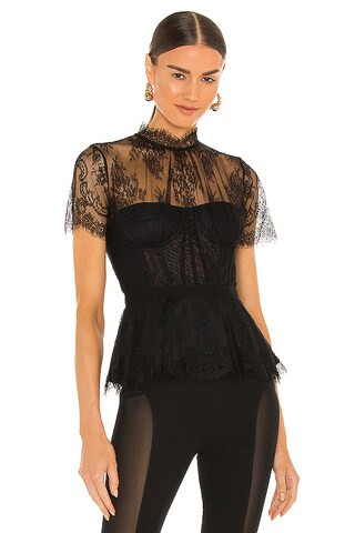 Kehlani Lace Short Sleeve Bustier Top in Champagne | Revolve Clothing (Global)