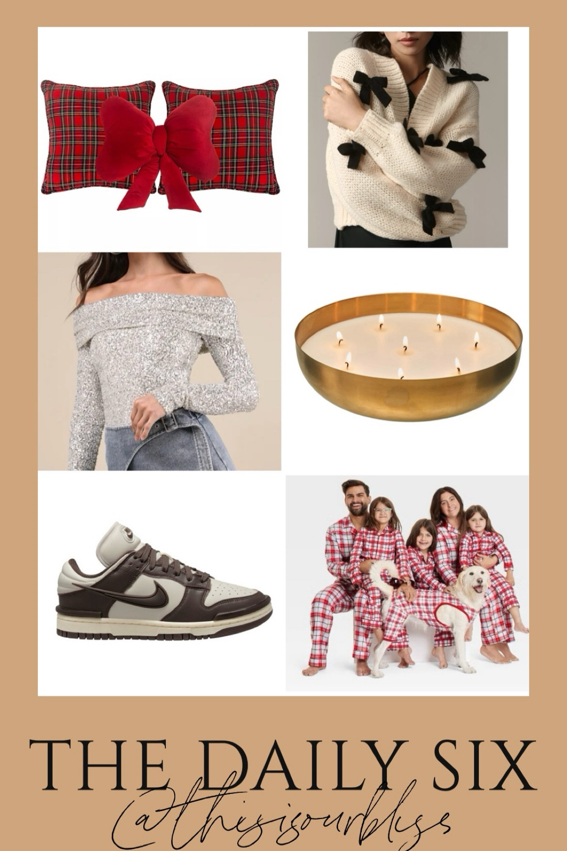 The daily six! Today’s daily finds! 💚

- Three-piece pillow set with two plaid pillows, and one bow pillow, so cute for the holidays! 
- bow sweater 🖤
- off the shoulder sequin top
- apple spice candle — so pretty on a holiday table! ✨
- brown Nike dunks! 🤎🫶🏻
- Family holiday plaid pajamas, currently 30% off! I’m ordering these! ❤️🥰


#LTKFindsUnder50 #LTKSaleAlert #LTKHome