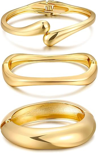 Chunky Gold Bangle Bracelets for Women, Dainty 14k Gold Plated Big Stackable Bangles Set, Trendy ... | Amazon (US)