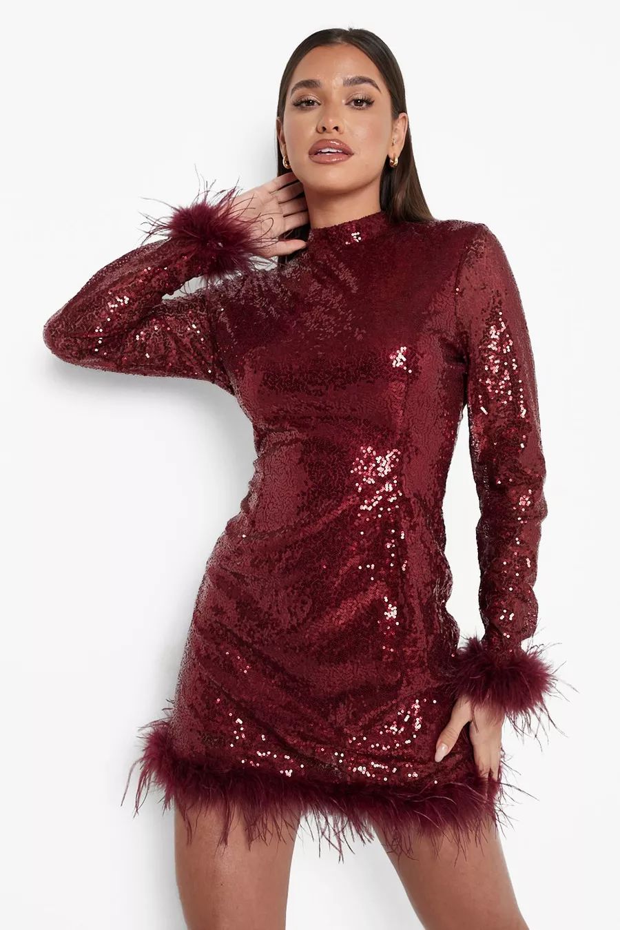 Sequin High Neck Feather Hem Mini Party Dress | Boohoo.com (US & CA)