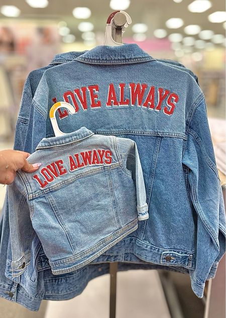 Mommy and me matching denim jackets, available in adult, kid and toddler sizes. Kid sizes not available online yet.