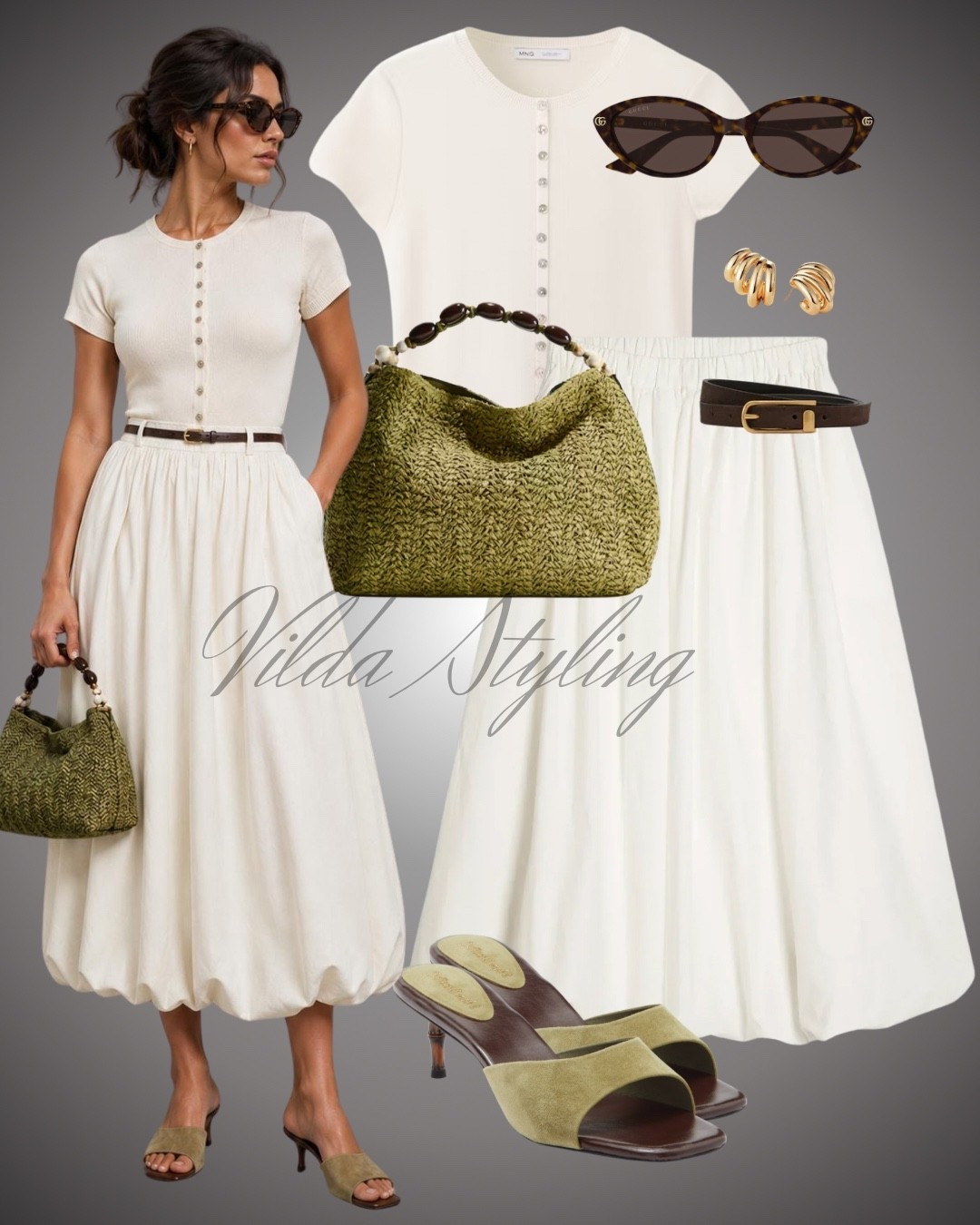 ✨ Neutral tones with a touch of olive perfection 💚🤍

An effortless combination of soft ivory and earthy olive creates a look that feels timeless, elegant, and perfectly polished. From the bubble hem skirt to the woven bag and kitten heels, every detail is made for chic summer days.

#LTKStyle #LTKFashion #NeutralOutfit #SummerStyle #ElegantFashion #MidiSkirt #ClassicStyle #EffortlessChic #OutfitInspo #VildaStyling

#LTKsummer #LTKdatenight #LTKpartywear