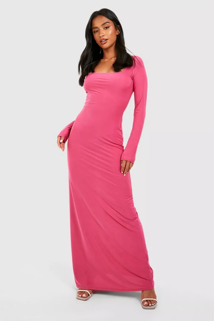 Petite Long Sleeve Square Neck Slinky Maxi Dress | Boohoo.com (US & CA)