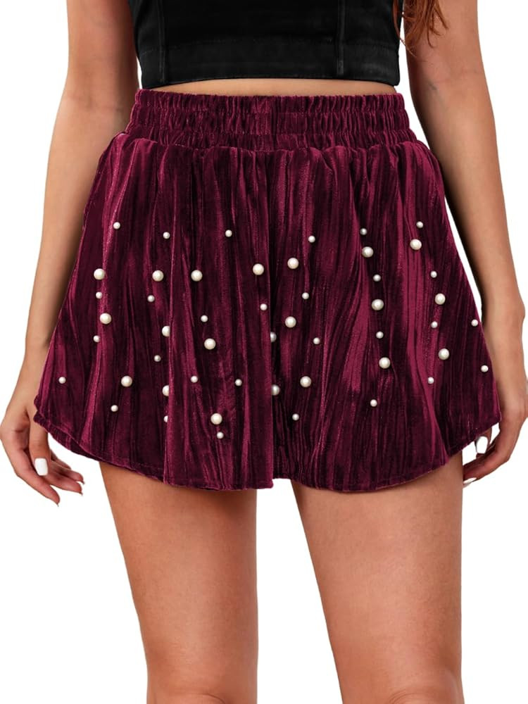 Kaei&Shi Pearl Velvet Mini Skirt,High Waisted Skort,Holiday Outfit Date Night Birthday Shorts Val... | Amazon (US)