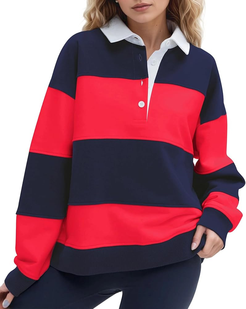 MISSACTIVER Women’s Striped Color Block V-neck Polo Sweatshirt Oversized Long Sleeve Rugby Shir... | Amazon (US)