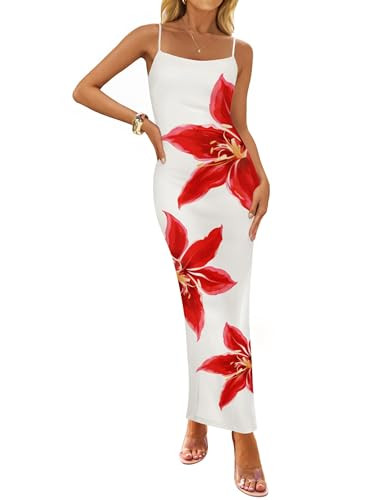 ZESICA Women’s Summer Bodycon Maxi Dresses 2025 Floral Spaghetti Strap Square Neck Sleeveless Boho Beach Long Dresses,White,X-Large | Amazon (US)