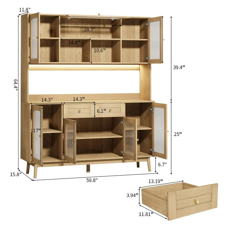 RichYa 64.4''H Kitchen Pantry Cabinet with RGB LED Light,2 Drawers Hutch Buffet Storage Cabinet w... | Walmart (US)