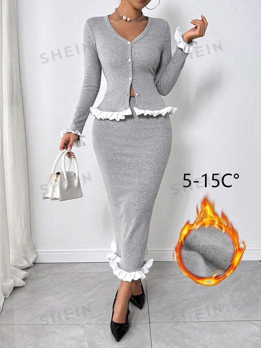 SHEIN Privé 2pcs Women Long Knitted Patchwork White Lace Set | SHEIN