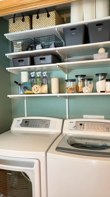 The added storage we create with these open shelves is amazing! Linking all of my laundry room organizers here. #laundryroom #organization #thecontainerstore 

#LTKhome #LTKVideo