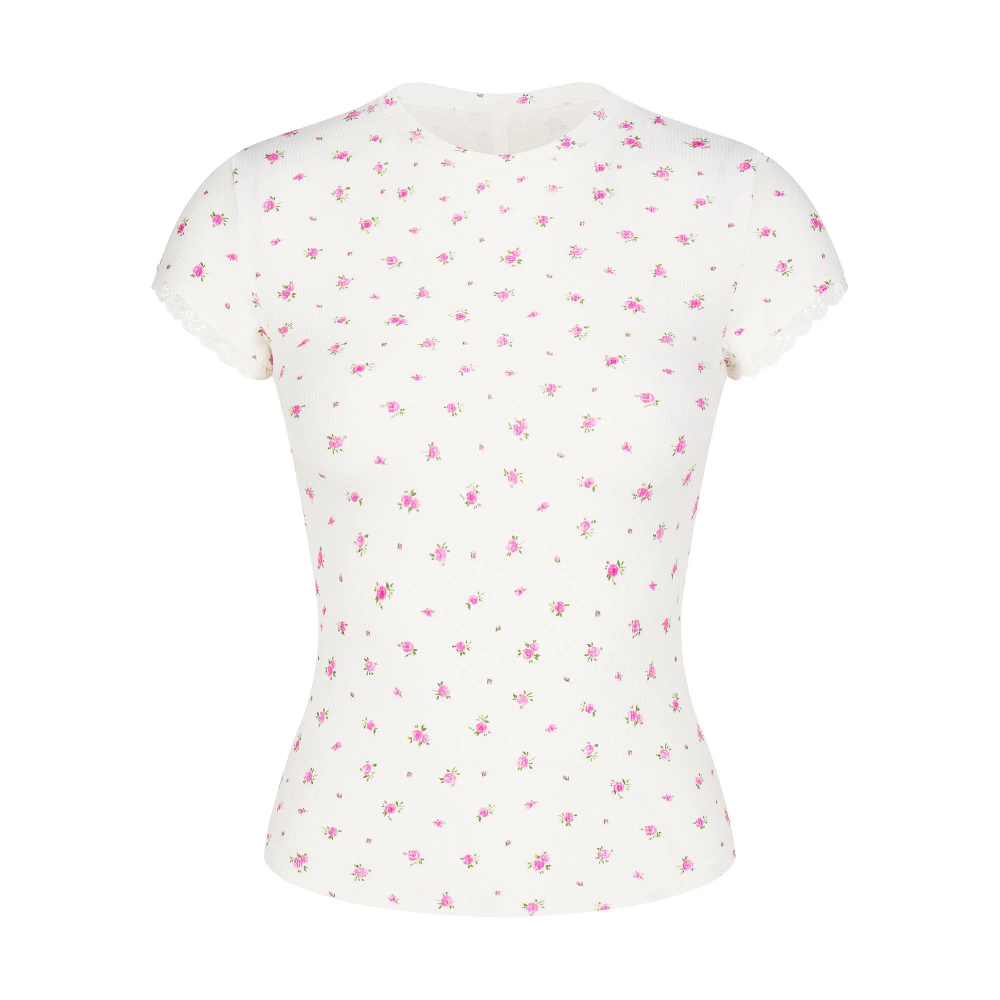 SOFT LOUNGE LACE T-SHIRT | NEON ORCHID ROSE PRINT | SKIMS (US)