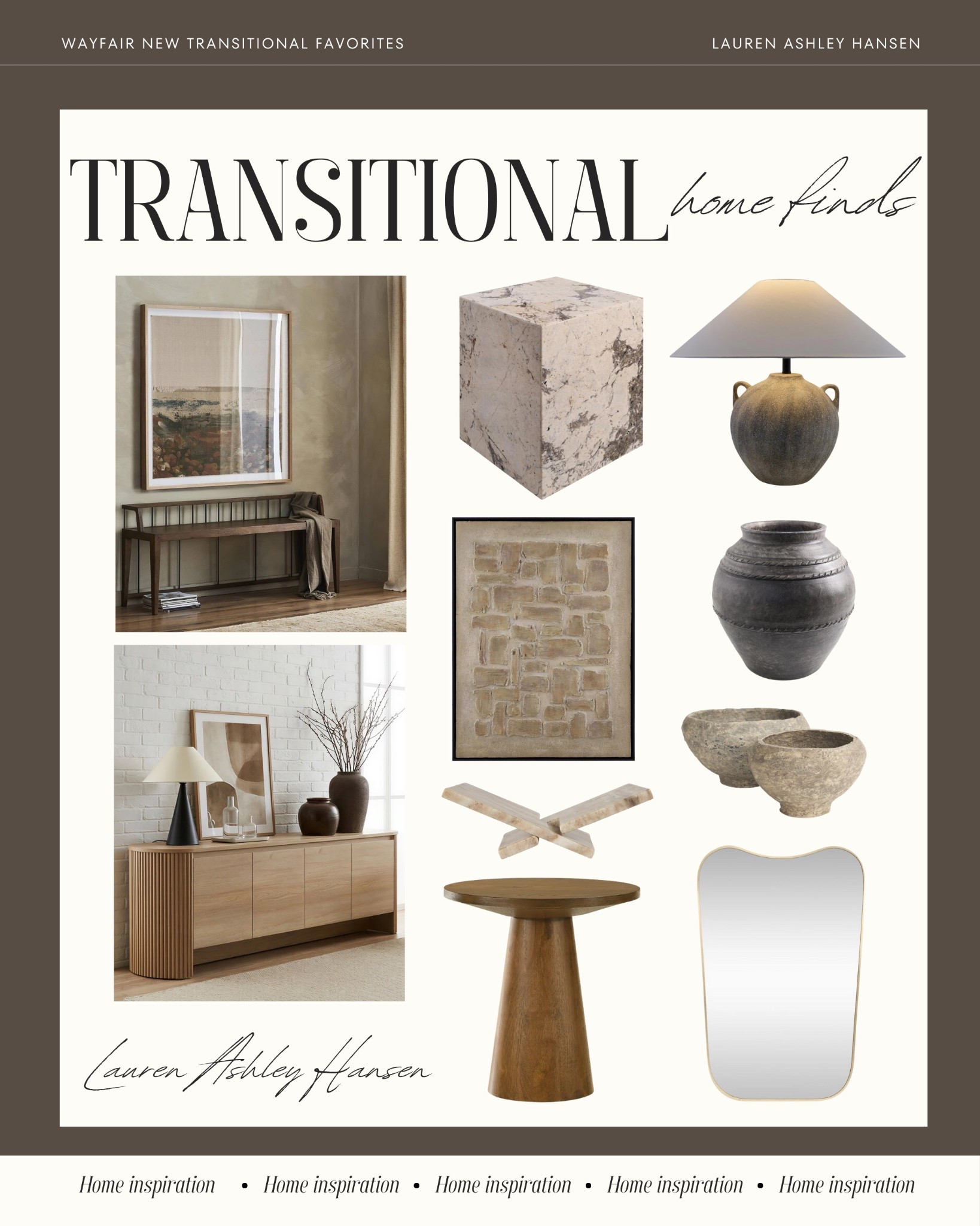 Transitional home finds from Wayfair! The texture, dimension, and mix of materials is stunning. I love mixing marble with wood tones, adding organic and rustic textures, and variations of neutrals for dimension. So pretty! 

#LTKHome