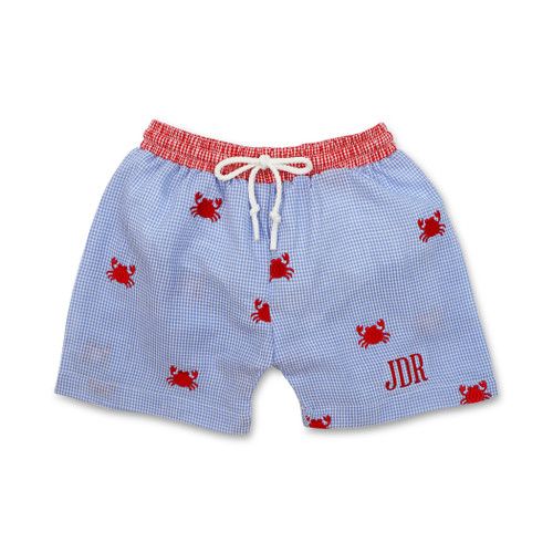 Blue Seersucker Embroidered Crabs Swim Trunks | Cecil and Lou