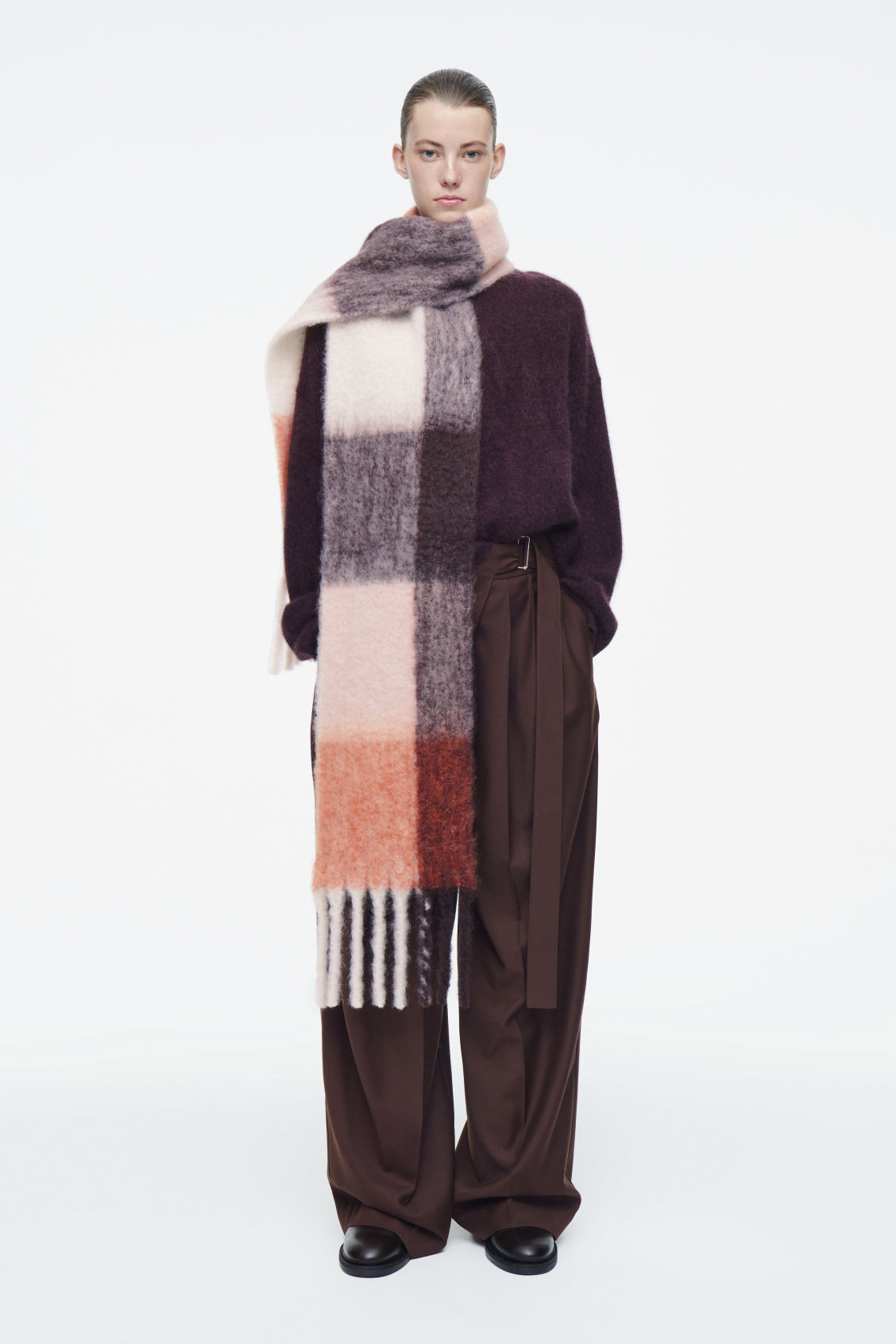 FRINGED BRUSHED-MOHAIR SCARF - Apricot / checked - Hats Scarves and Gloves - COS | COS (US)