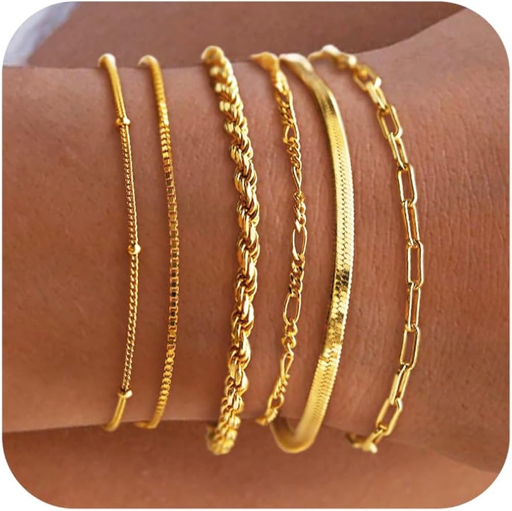 DEARMAY Gold Bracelets for Women Waterproof, 14K Real Gold Jewelry Sets for Women Trendy Thin Dai... | Amazon (US)