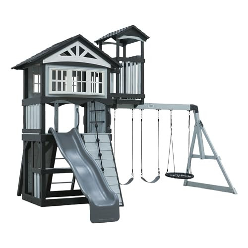 Backyard Discovery Whispering Point Light Gray Cedar Wood Swing Set with Wave Slide, Clubhouse, Crows Nest, Play Kitchen, Belt Swings, Web Swing, Rock Wall, Playhouse, Ladder, Windows, Outdoor Playset | Amazon (US)